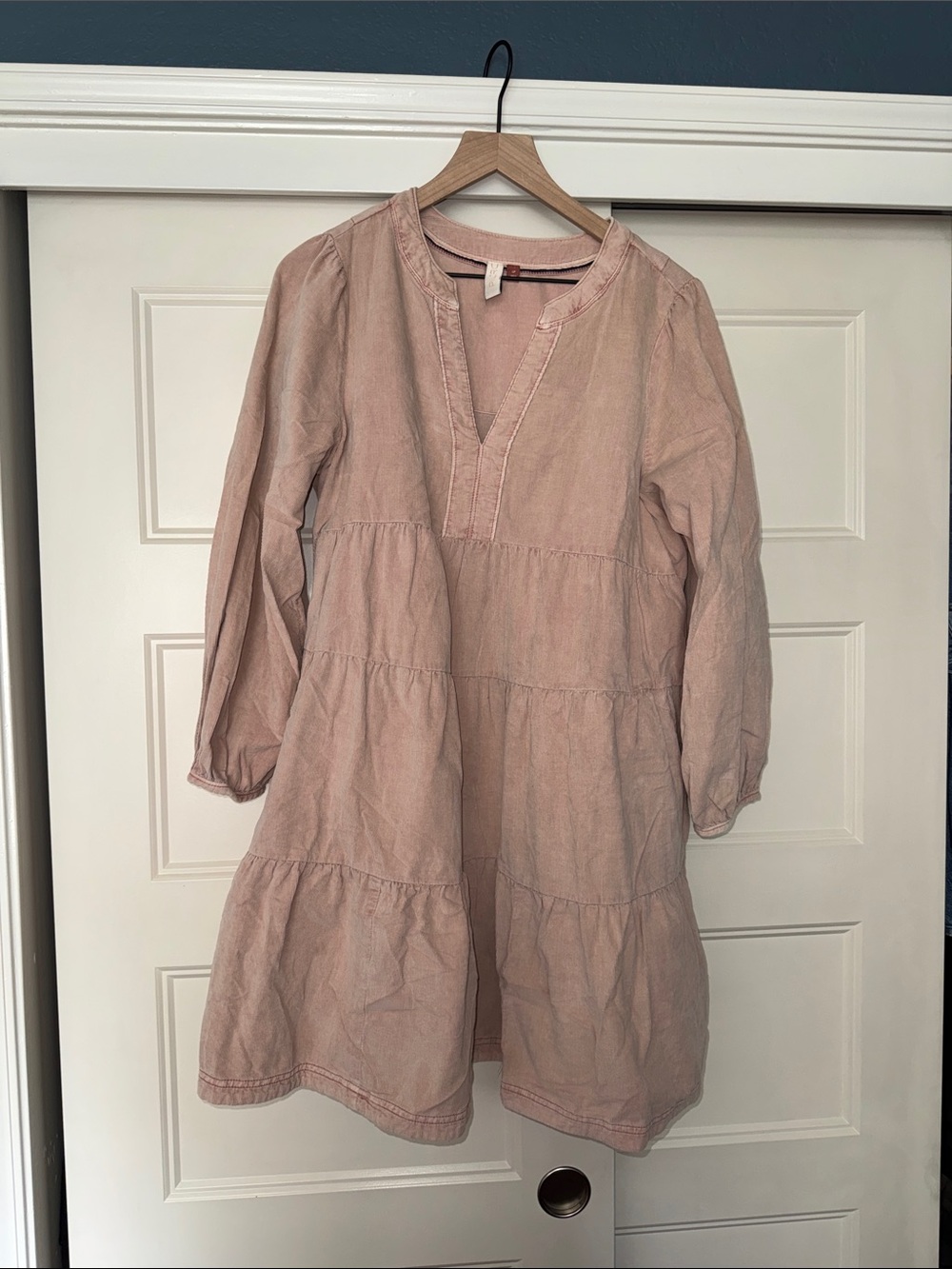 Pilcro by Anthropologie Blush Pink Tiered 3/4 Sleeve Casual Corduroy Dress